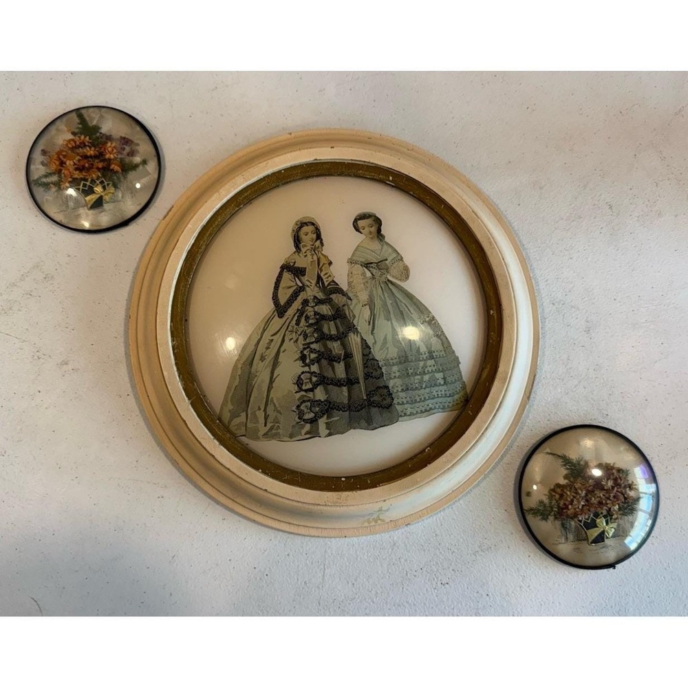 Vintage Victorian French Fashion Art Print Dried Flowers Convex Glass Set Of 3